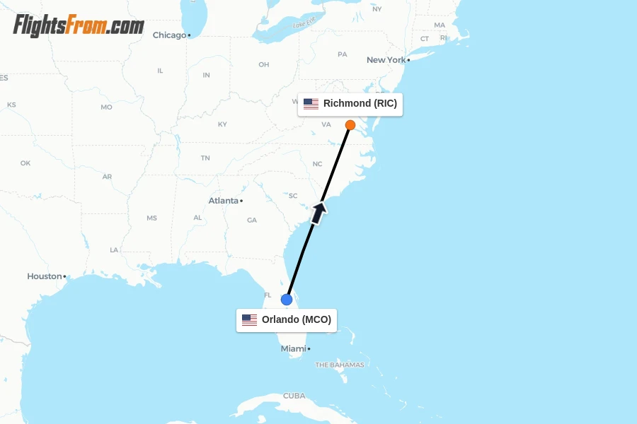 Flights from Orlando to Richmond route map