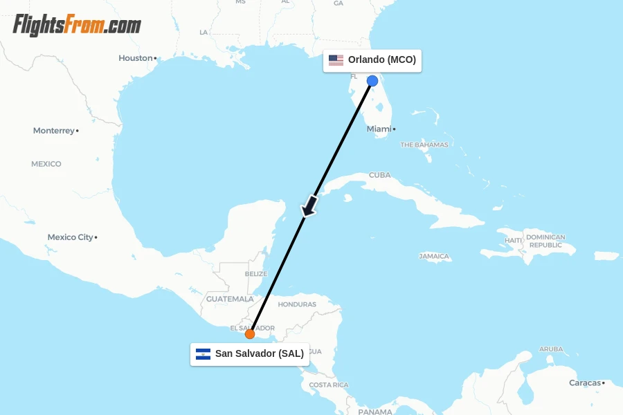 Flights from Orlando to San Salvador route map