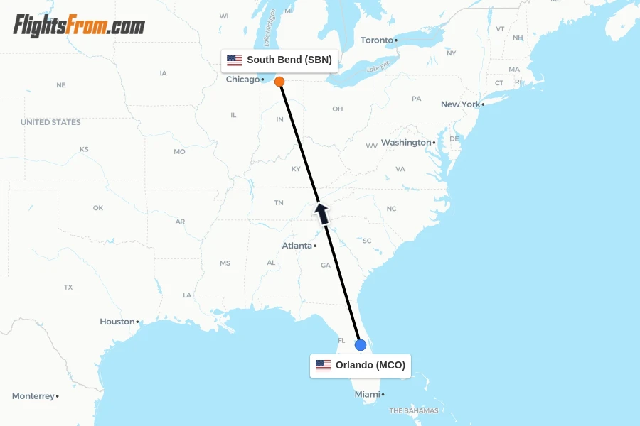Flights from Orlando to South Bend route map