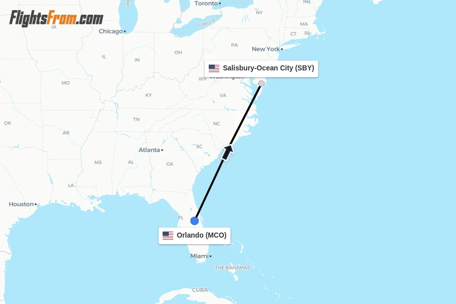 Flights from Orlando to Salisbury-Ocean City route map