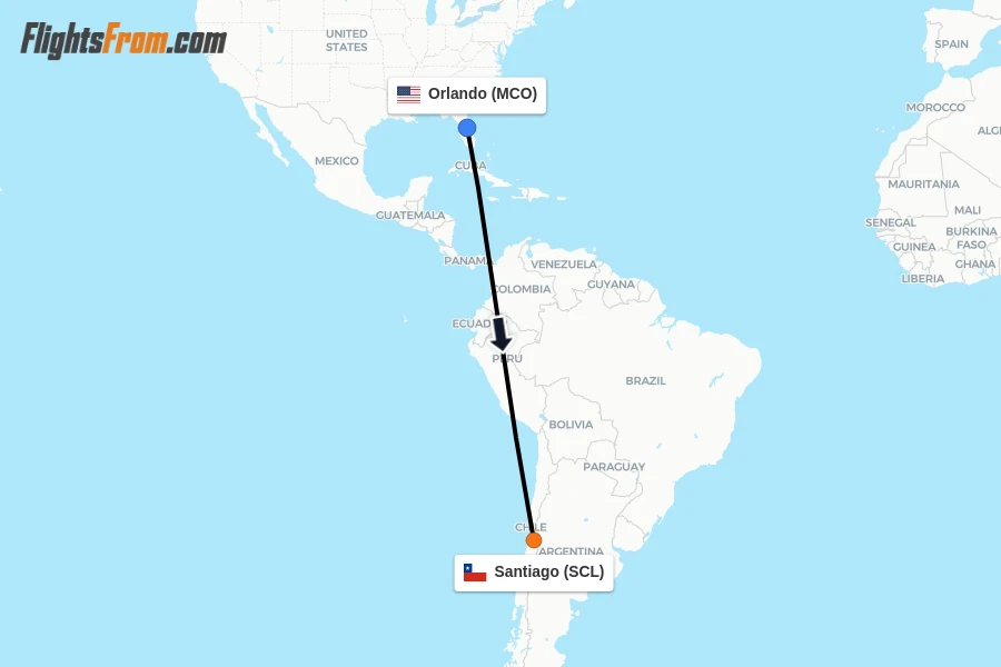 Flights from Orlando to Santiago route map