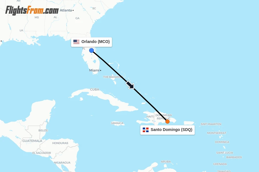 Flights from Orlando to Santo Domingo route map