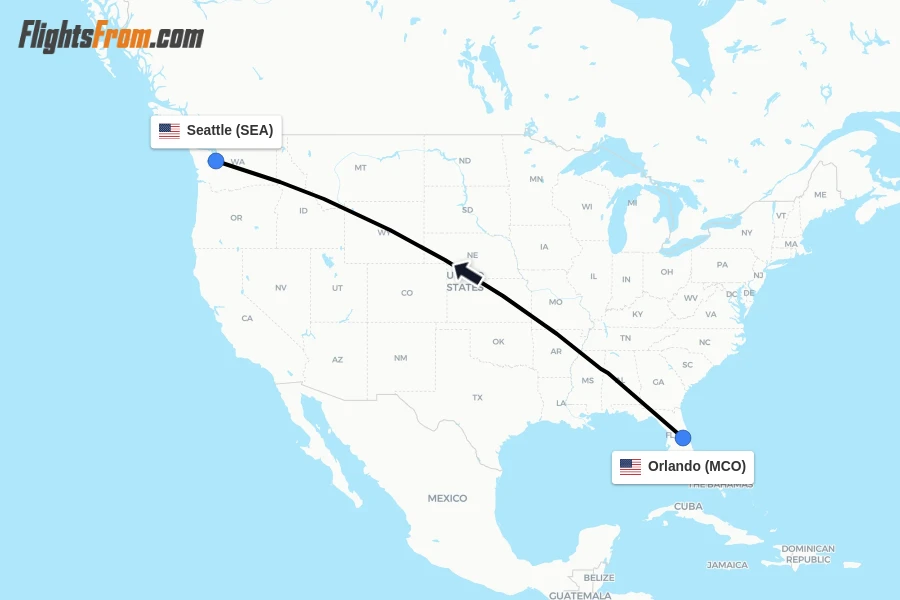 Flights from Orlando to Seattle route map