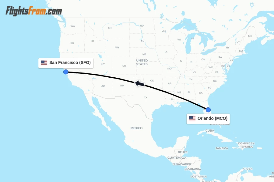 Flights from Orlando to San Francisco route map