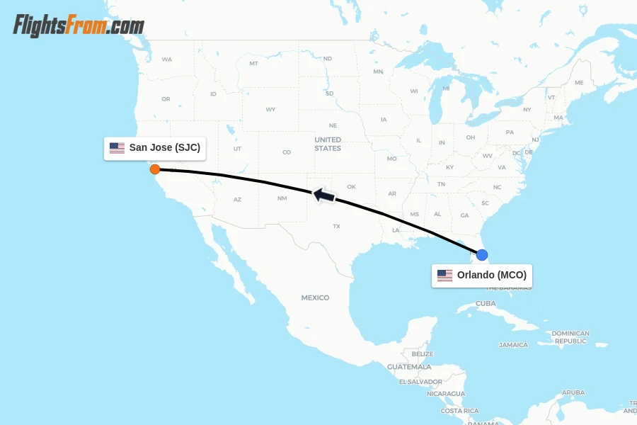 Flights from Orlando to San Jose route map