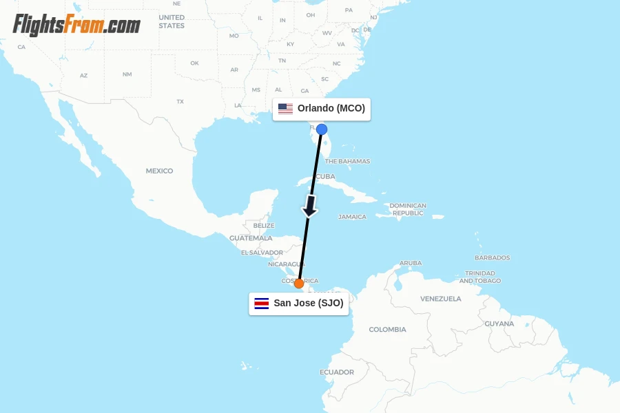 Flights from Orlando to San Jose route map