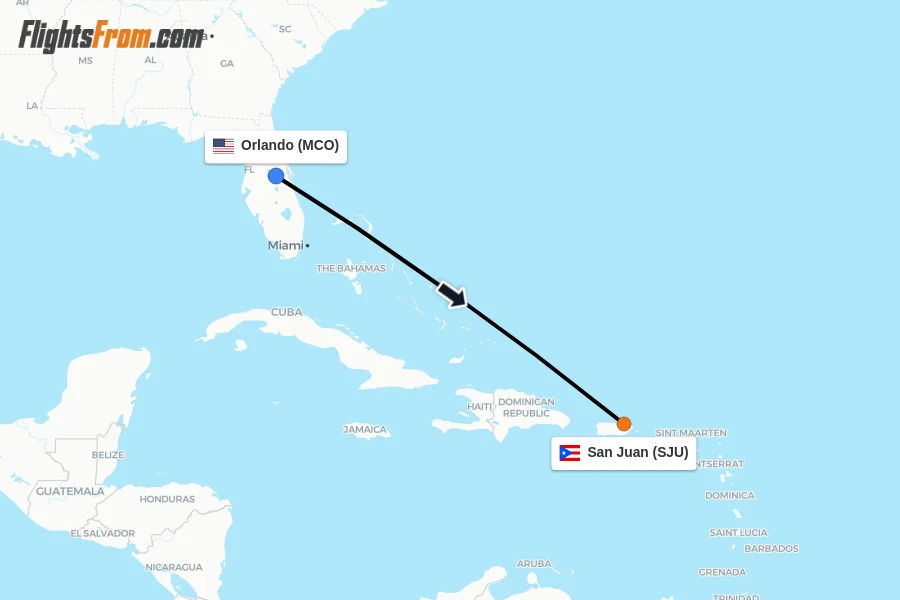 Flights from Orlando to San Juan route map