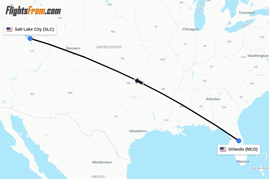 Flights from Orlando to Salt Lake City route map