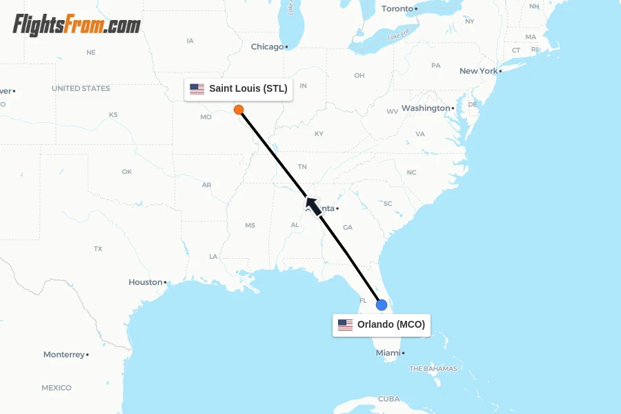 Flights from Orlando to Saint Louis route map