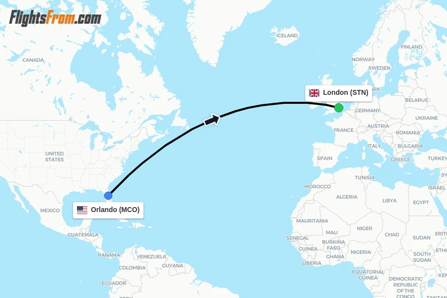 Flights from Orlando to London route map