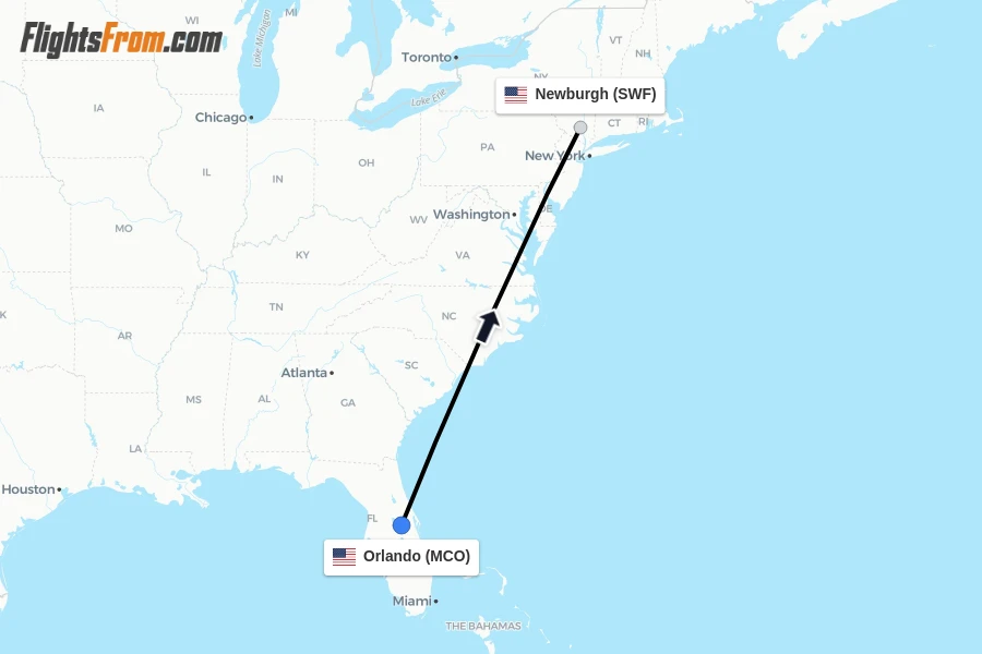 Flights from Orlando to Newburgh route map