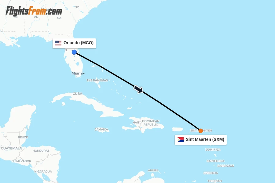 Flights from Orlando to Sint Maarten route map