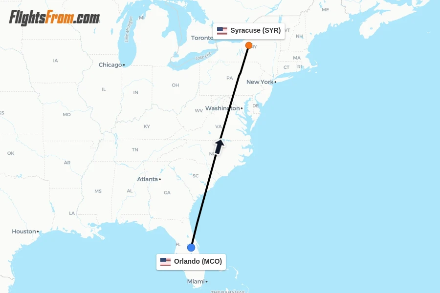 Flights from Orlando to Syracuse route map