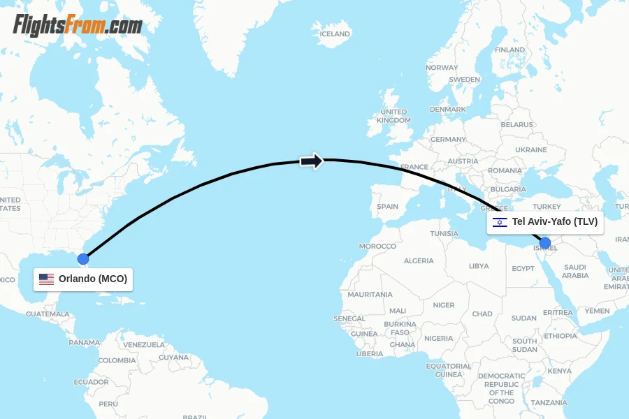 Flights from Orlando to Tel Aviv-Yafo route map