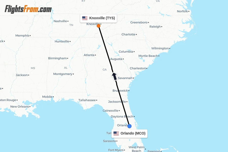 Flights from Orlando to Knoxville route map