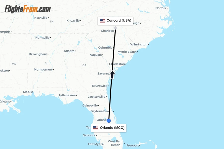 Flights from Orlando to Concord route map