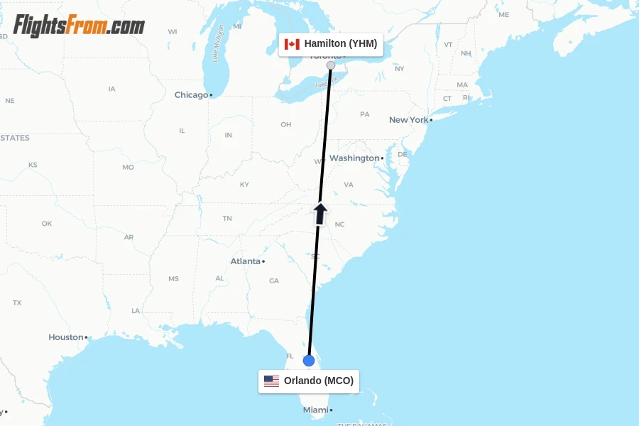 Flights from Orlando to Hamilton route map