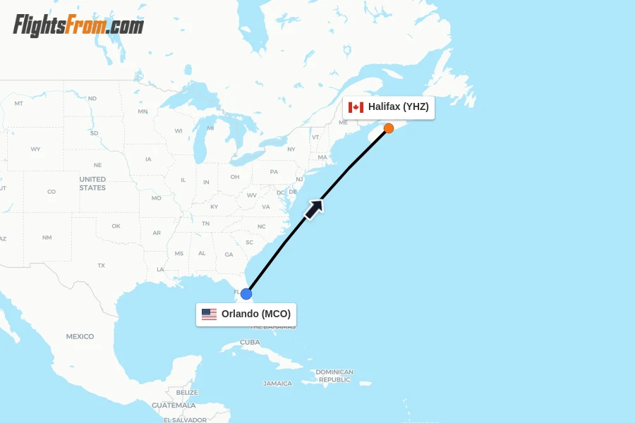 Flights from Orlando to Halifax route map