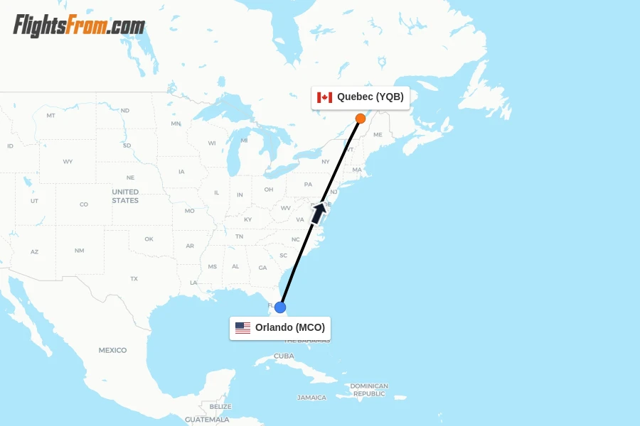 Flights from Orlando to Quebec route map