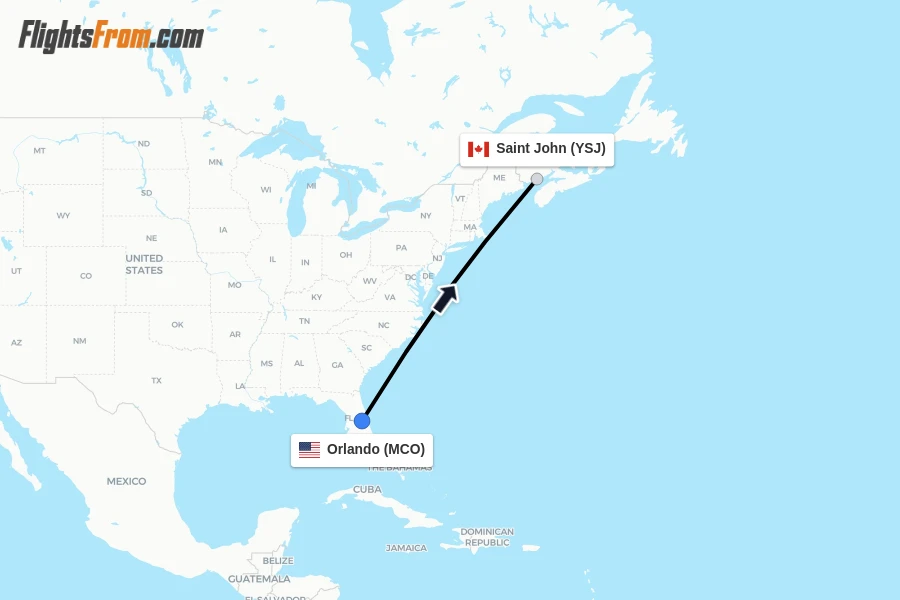 Flights from Orlando to Saint John route map