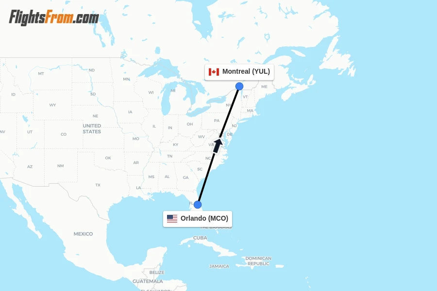 Flights from Orlando to Montreal route map