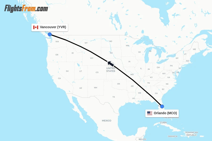 Flights from Orlando to Vancouver route map