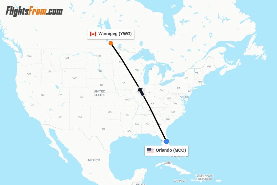 Flights from Orlando to Winnipeg route map