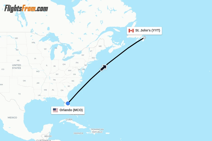 Flights from Orlando to St. John's route map