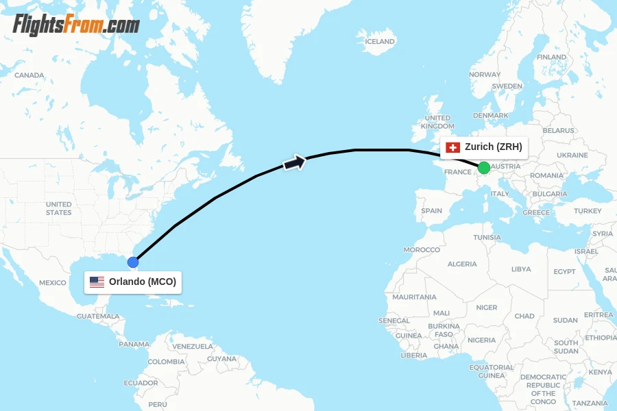 Flights from Orlando to Zurich route map