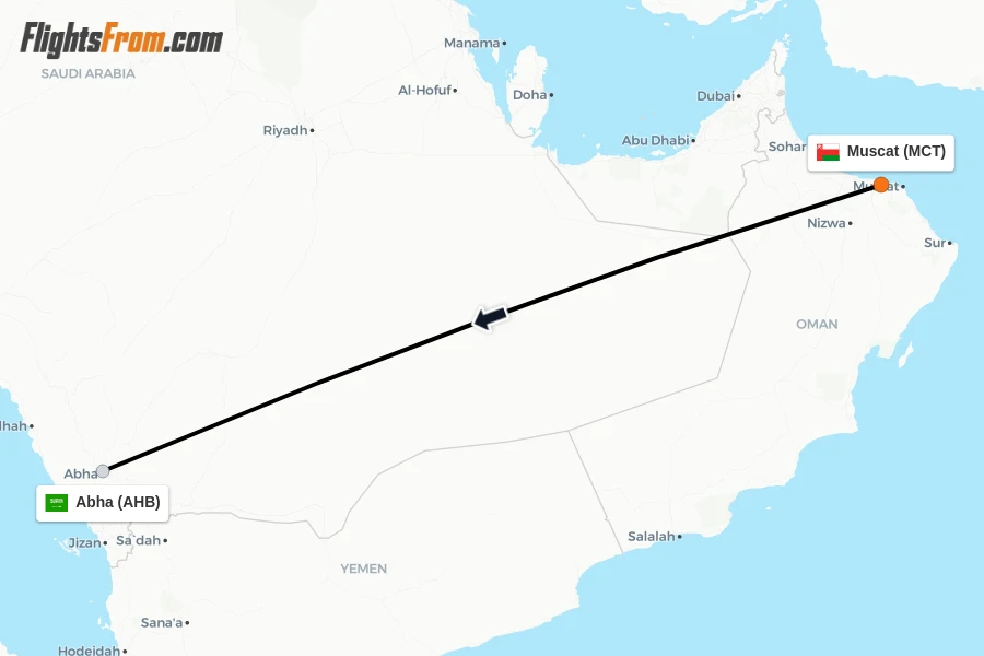 Flights from Muscat to Abha route map