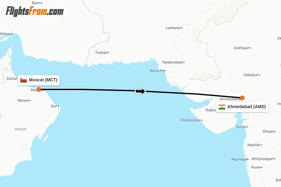 Flights from Muscat to Ahmedabad route map
