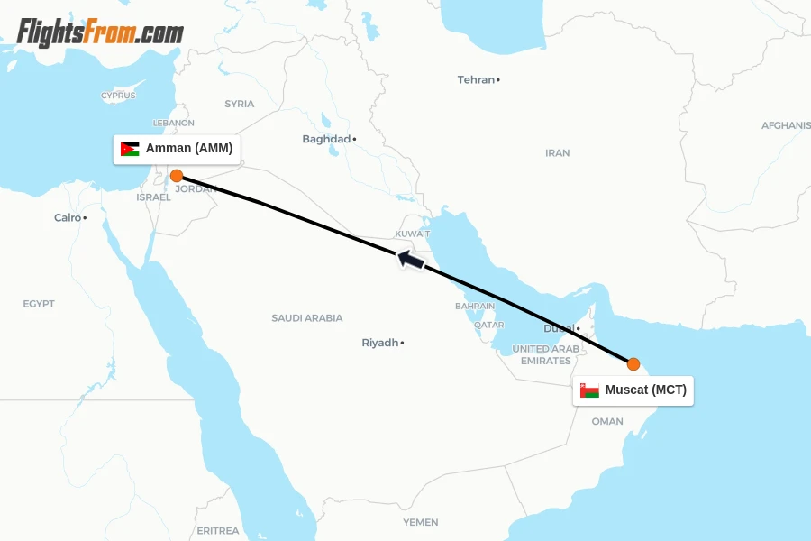Flights from Muscat to Amman route map