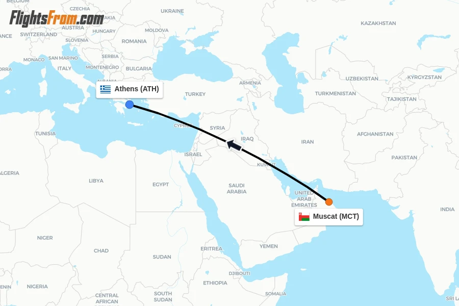 Flights from Muscat to Athens route map