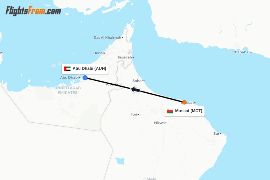 Flights from Muscat to Abu Dhabi route map