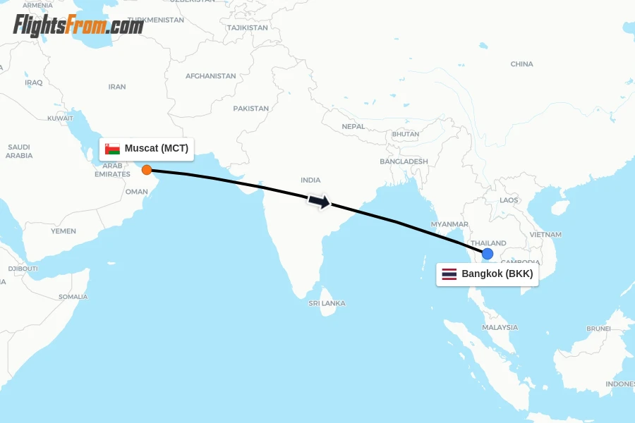 Flights from Muscat to Bangkok route map