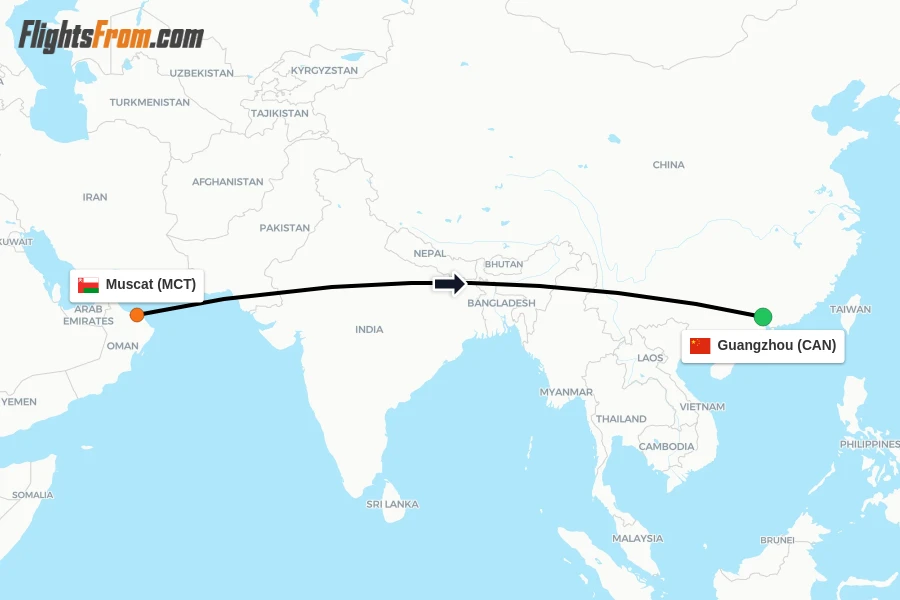 Flights from Muscat to Guangzhou route map