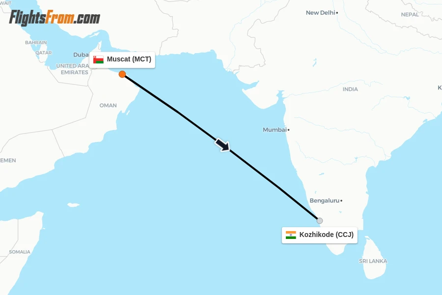Flights from Muscat to Kozhikode route map