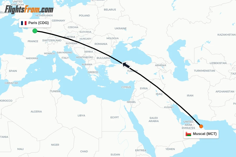 Flights from Muscat to Paris route map
