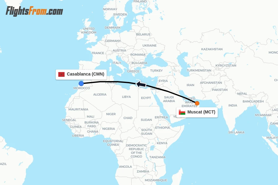 Flights from Muscat to Casablanca route map
