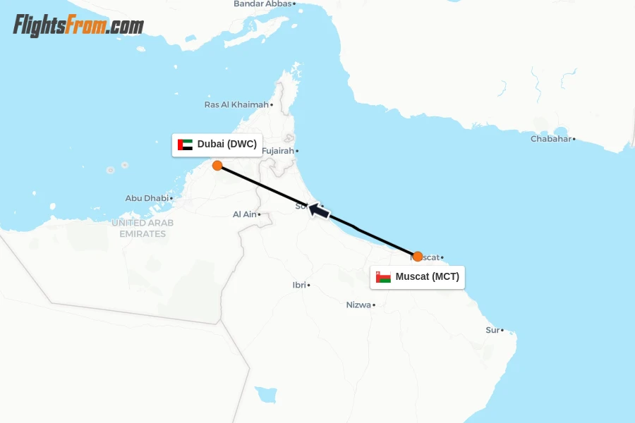 Flights from Muscat to Dubai route map