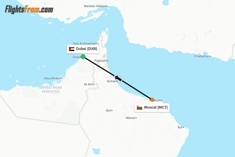 Flights from Muscat to Dubai route map