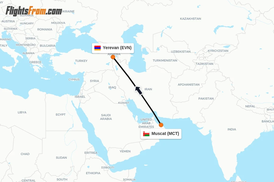 Flights from Muscat to Yerevan route map