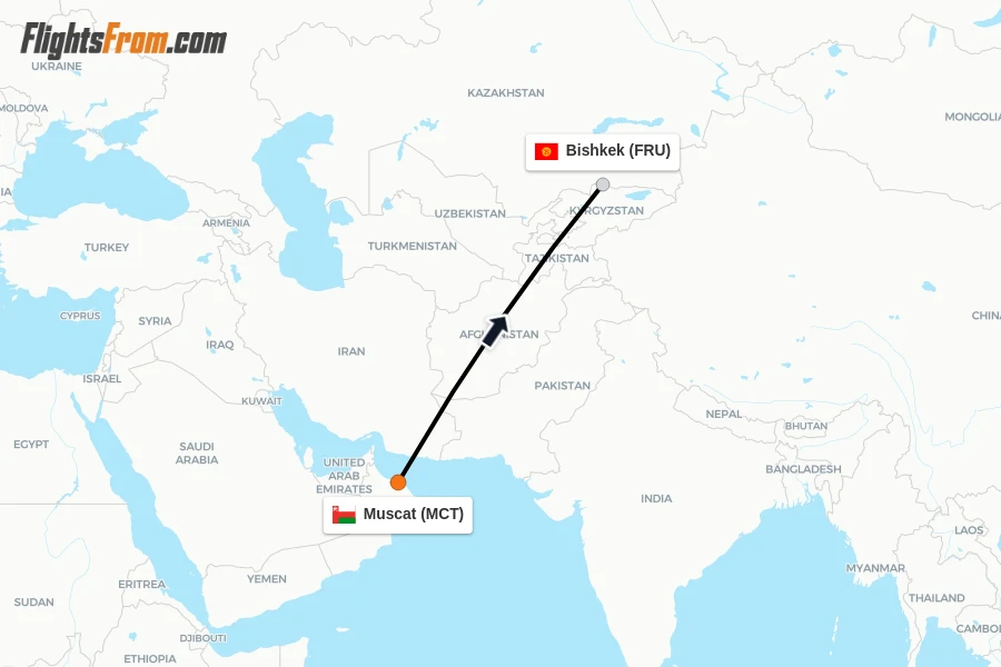 Flights from Muscat to Bishkek route map