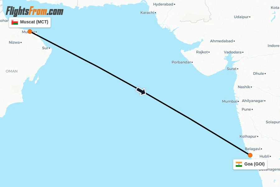Flights from Muscat to Goa route map