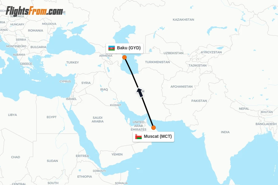 Flights from Muscat to Baku route map