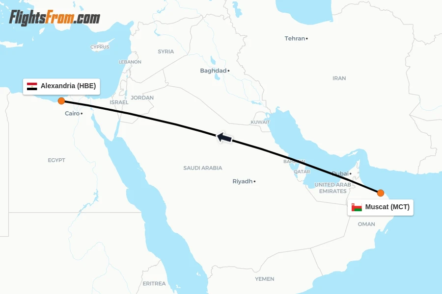 Flights from Muscat to Alexandria route map