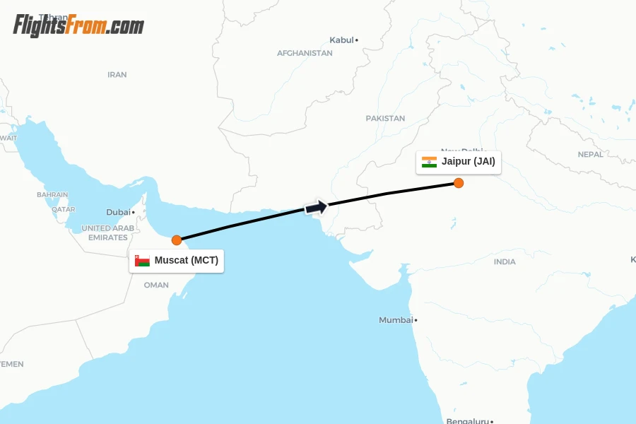 Flights from Muscat to Jaipur route map