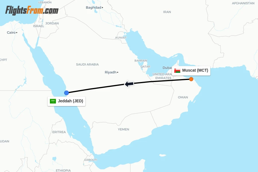 Flights from Muscat to Jeddah route map