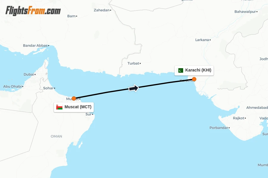 Flights from Muscat to Karachi route map