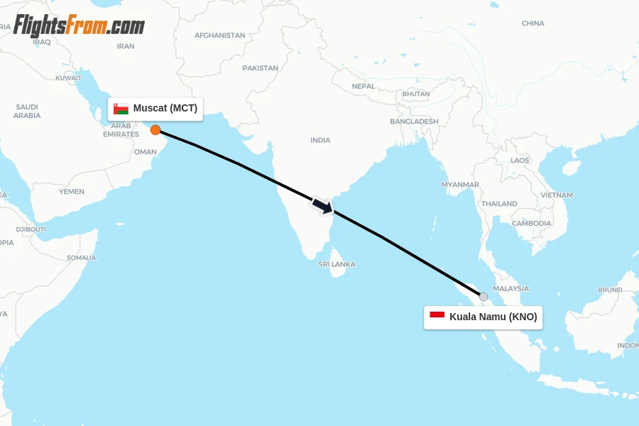 Flights from Muscat to Kuala Namu route map